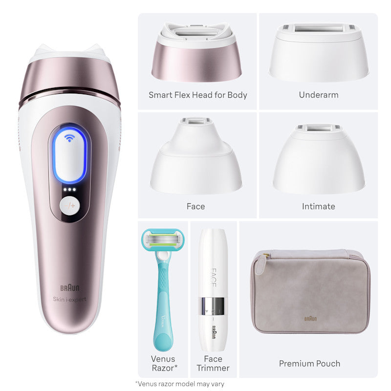Braun Smart IPL Skin i·Expert Pro 7: At Home Alternative to Laser Hair Removal with 4 Caps Facial Hair Trimmer and Leather Pouch IPL7219